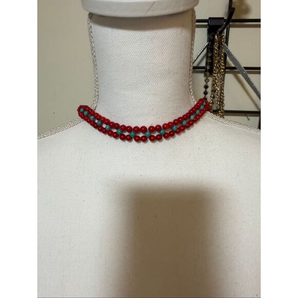 Long Red & Turquoise Glass Bead Necklace with Knotted Accents Unique - Picture 2 of 10